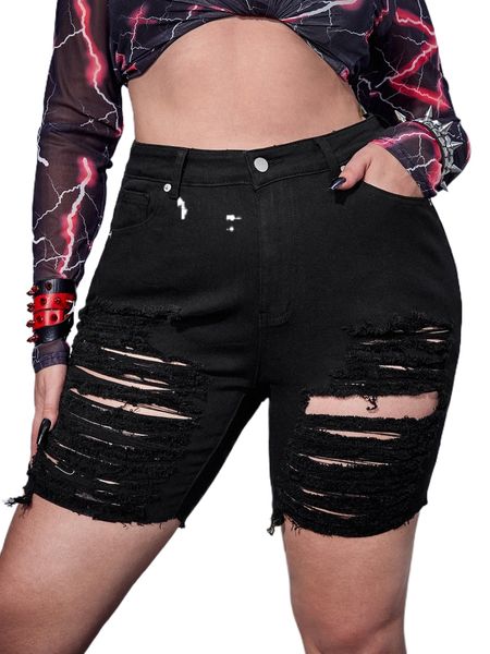 

plus raw hem ripped denim shorts o9al#, White;black