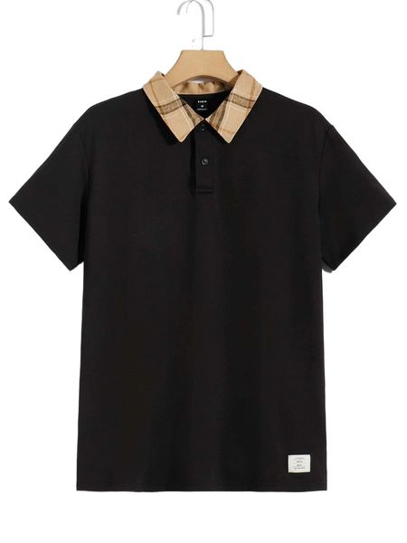 

men plaid collar letter patched polo shirt r4wy#, White;black