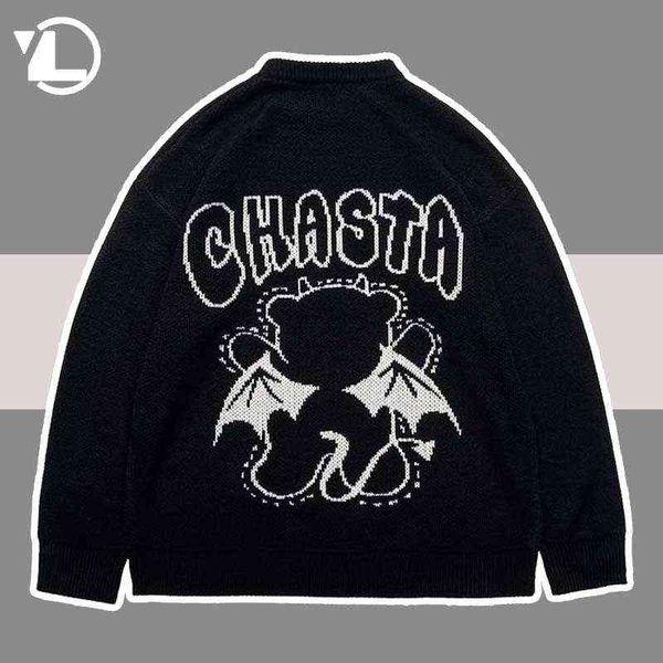 

cartoon knitted sweater men women bear devil pattern black jumpers hip hop harajuku college casual oversized new pullover t220730, White;black