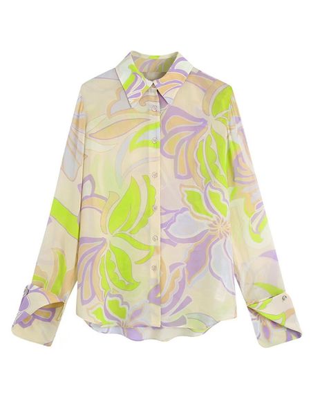 

women fashion color matching floral print chiffon smock blouse female long sleeve casual shirts chic blusas, White