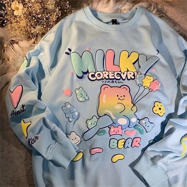 Luxo arco-íris desenhos animados urso impressa camisola mulheres kawaii roupas para adolescentes menina doces oversized casual harajuku casais tops 220402