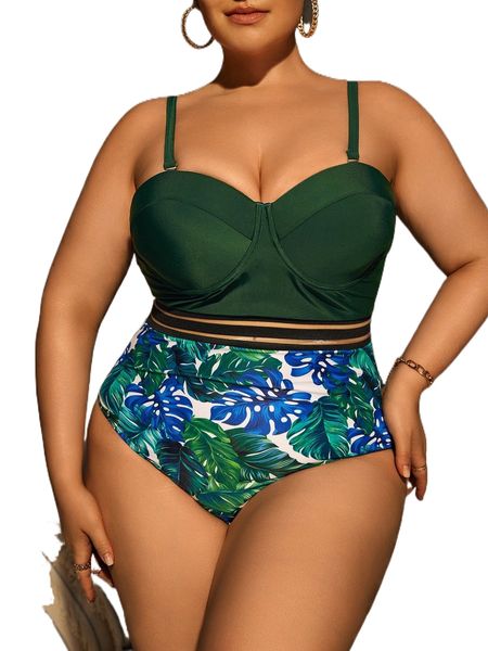 

plus tropical print mesh panel push up one piece swimsuit y528#, White;black