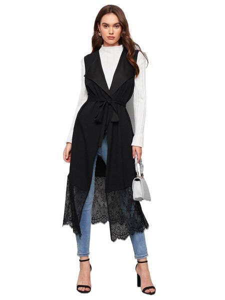 

waterfall collar lace detail belted vest coat d4ot#, Black