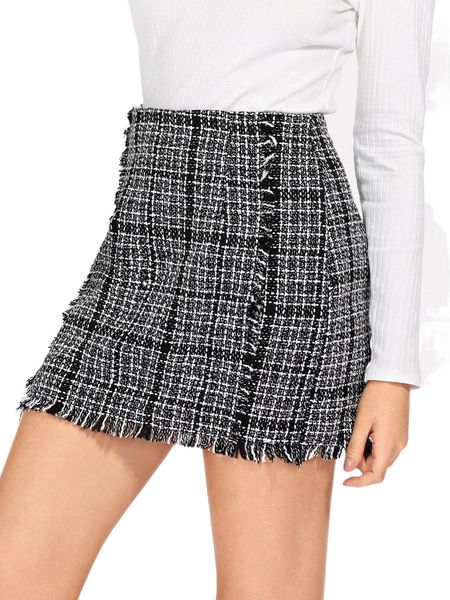 

frayed trim plaid tweed skirt t3dq#, Black