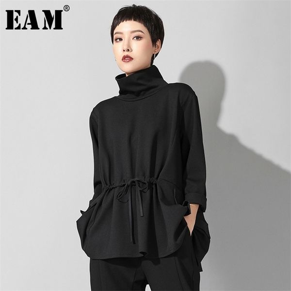 

eam new spring autumn high collar long sleeve black loose pocket drawstring big size tshirt women fashion jq017 210317, White
