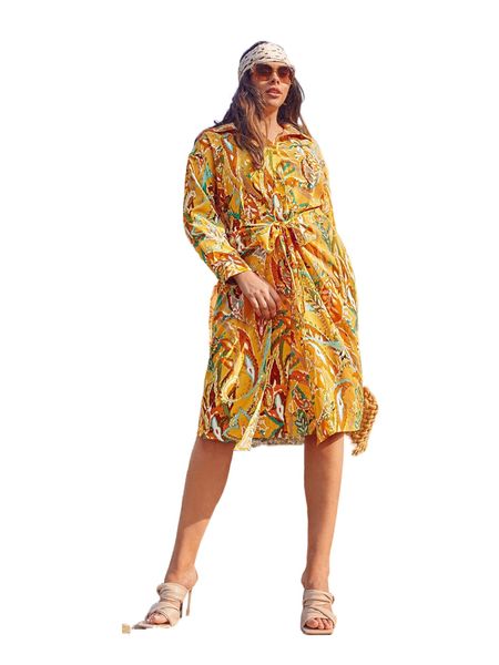 

plus tropical print tie front shirt dress 83ag#, Black