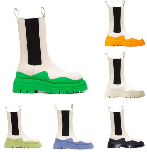 

two tone tire chelsea boots women platform chunky boot lady luxe design men calf desiger calfskin slip-on style round toe boots white+apple, Black