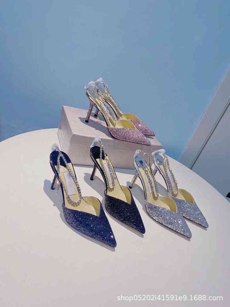 

sandals spring and summer chain sequin glitter powder high heels sheepskin pointed thin heel baotou back empty sandals women, Black