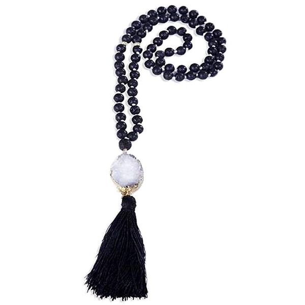 Anhänger Halsketten Mode Schwarze Mala Perlen Halskette Schmuck Für Frauen Quaste Anhänger Natürlichen Weißen Kristall Stein Aussage Fransen Lava Wome