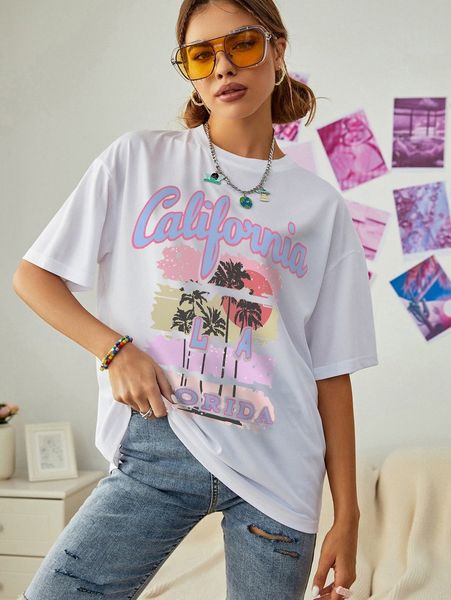 

tropical & letter print drop shoulder tee 188z#, White
