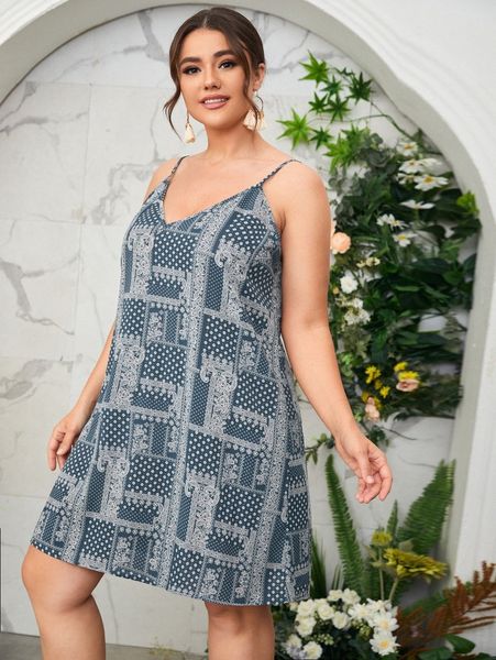 

plus paisley & patchwork print cami dress without belt s071#, Black