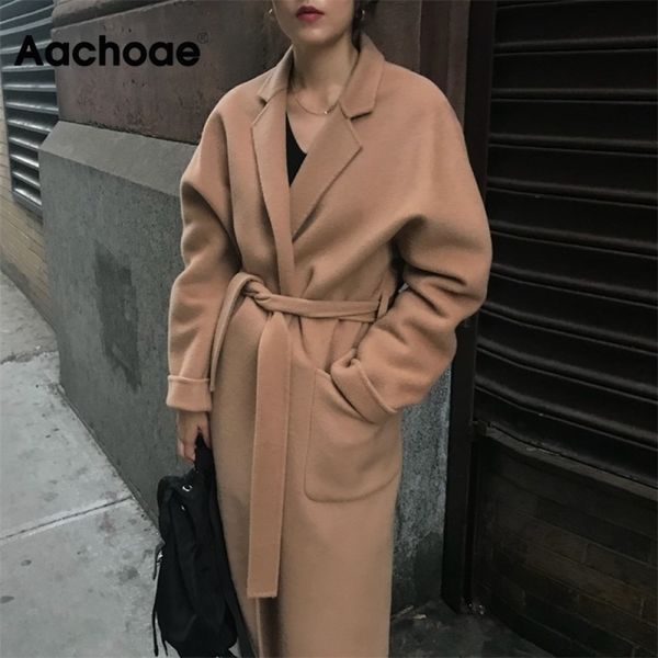 

aachoae lady solid long wool coat batwing long sleeve elegant office jacket female turn down collar casual coat women y201012, Black