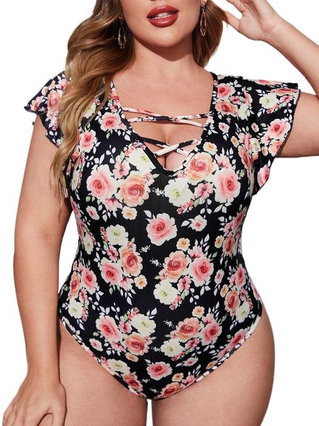 

plus allover floral print butterfly sleeve bodysuit w6cw#, Black