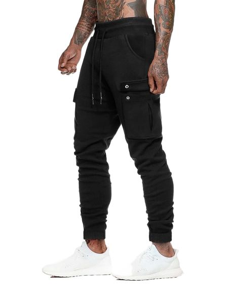

men flap pocket side drawstring waist sweatpants b061#, Black