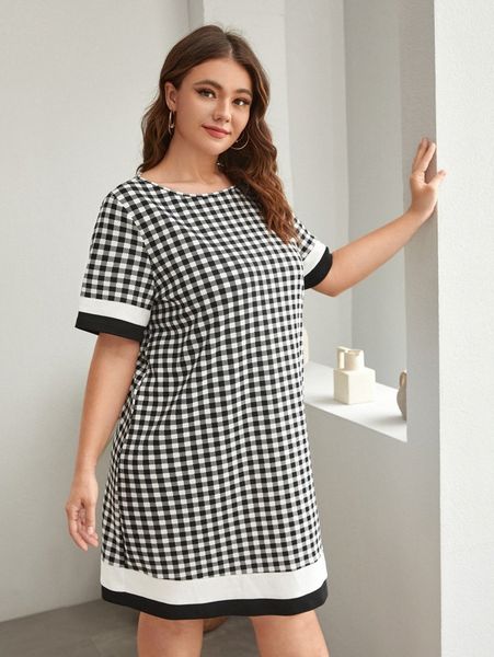 

plus gingham print tee dress s9js#, Black