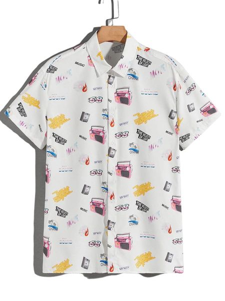 

men letter & fire print shirt y9l6#, White;black