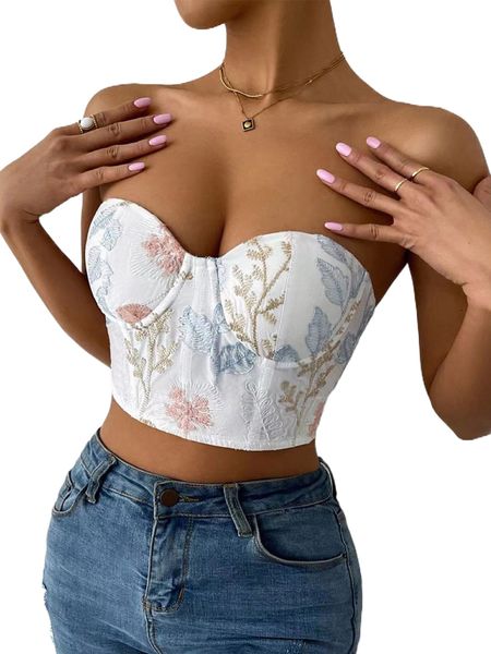 

floral embroidery grommet lace up back cami h39k#, White