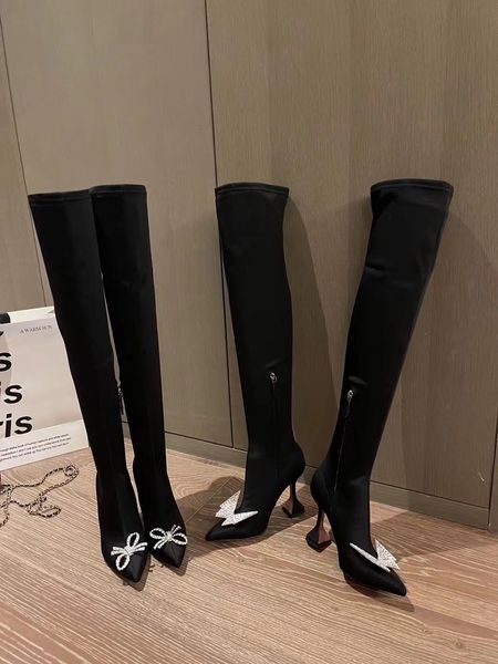 

2022 amina muadi women designer horseshoe heel boots black pointed toe boots over knee desert boots radiant crystal winter shoes size us4-11