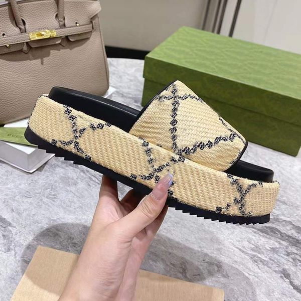 

women platform slide mens sandal designer sandals beach slippers affia linen fabric printing girls summer sandals big size with box no380, Black