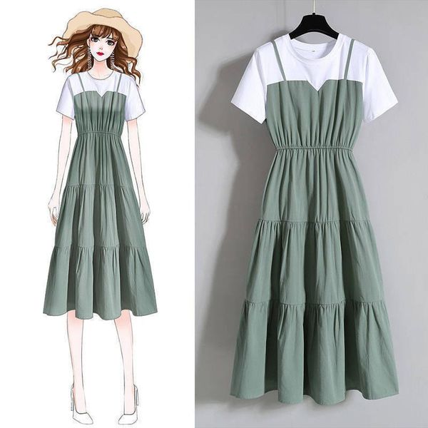 

casual dresses large fashion strap fake two-piece dress 2022 summer short-sleeved for woman vestido de mujer femme robecasual, Black;gray
