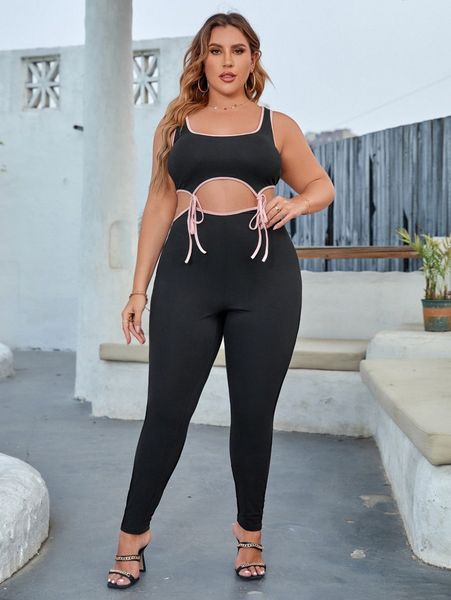 

plus contrast binding knot waist tank & leggings g9i9#, Black