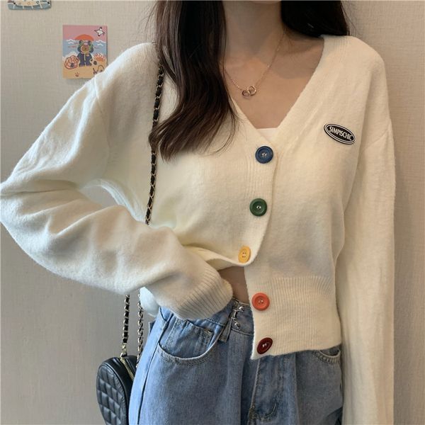 

korean sweet cardigan sweater women single breasted v-neck long-sleeved knitted jacket s-4xl short cardigan 6 colors, White;black