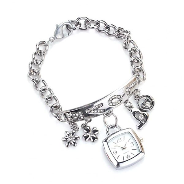 Avanadores de pulso Assistir mulheres Love Letters Rhinestone Incluste Chain Bracelet Flower Pingente Wrist Ladies Dress Watches Gift 2022