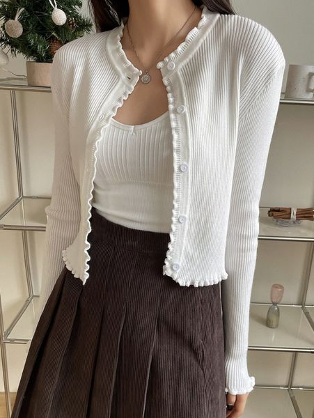 

dazy lettuce trim ribbed knit button front cardigan k5gi#, White;black