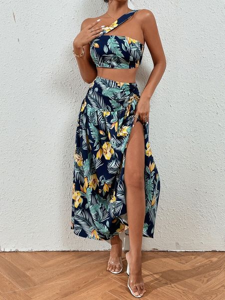 

tropical print one shoulder crop split thigh skirt c6wm#, White