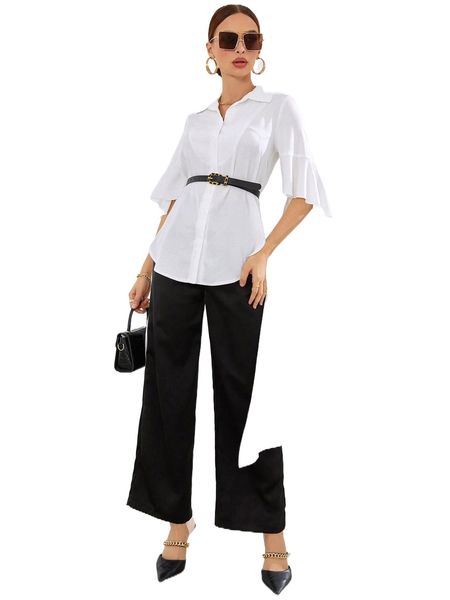 

high low hem flounce sleeve blouse without belt h6kt#, White