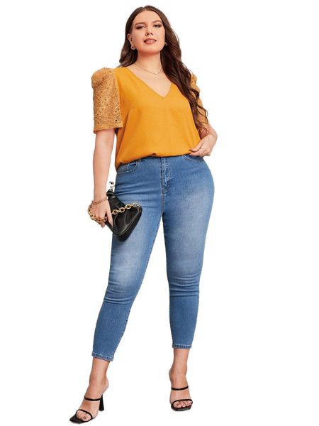 

plus contrast lace puff sleeve blouse c1gy#, Black