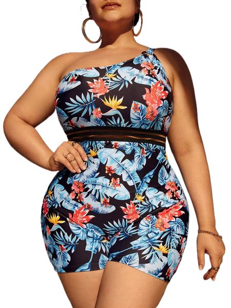 

plus tropical print one shoulder mesh panel one piece swimsuit h5nr#, White;black