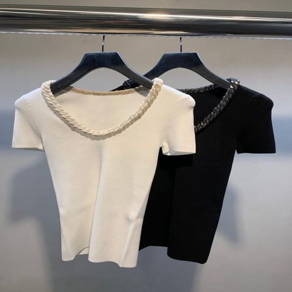 

women's sweaters dangjia early autumn style celebrity metal chain modified knitted short sleeve thin fashion, White;black