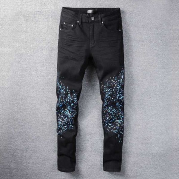 

2022 trend paint splatter s men washed hole slim los hombres jean european streetwear motorcycle pant, Blue