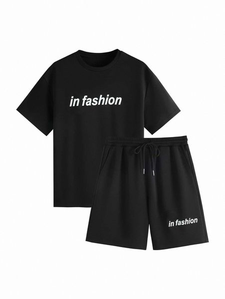 

men letter graphic tee & drawstring waist shorts b6tt#, Gray