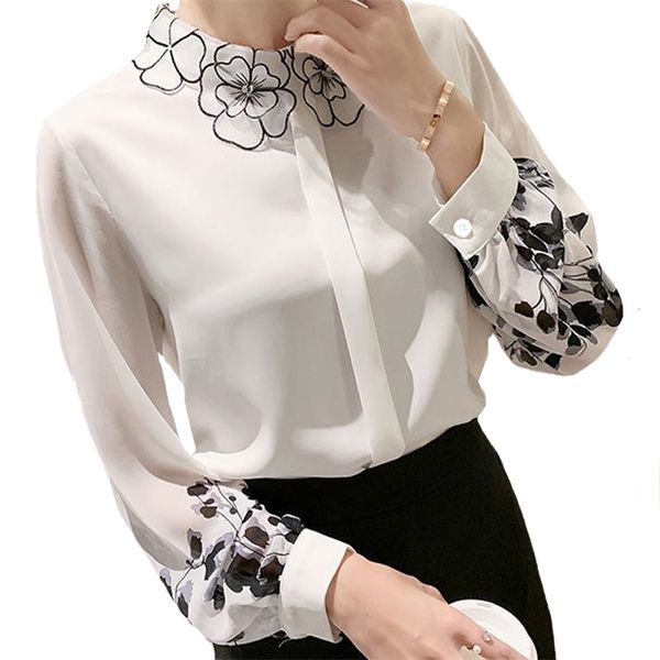 

spring summer petal collar women chiffon shirt long sleeve floral printed fashion office lady blouse 220407, White