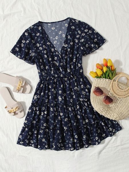 

ditsy floral print frill trim wrap dress z3on#, Black;gray