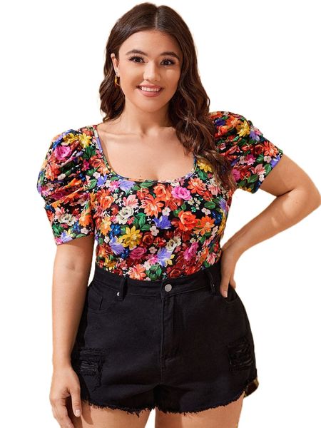 

plus allover floral print puff sleeve blouse f0nn#, Black