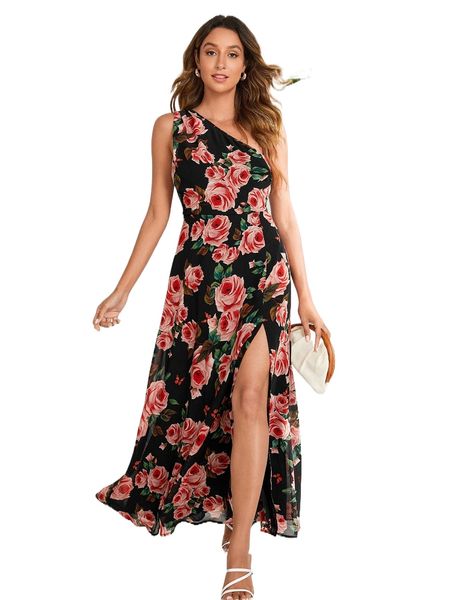 

floral print one shoulder split thigh chiffon dress i3ku#, Black;gray