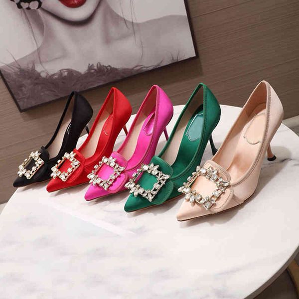 

slippers fashion square buckle red temperament shallow mouth pointed high heels women's thin heel bridal banquet shoes pfyl, Black