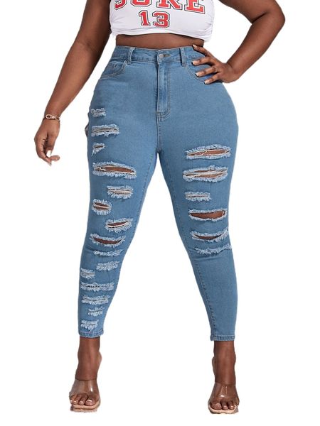 

plus ripped crop jeans r894#, Blue