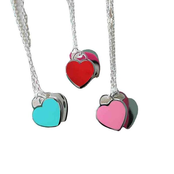 

e9qd s925 silver t family love enamel blue pink double heart necklace, Black
