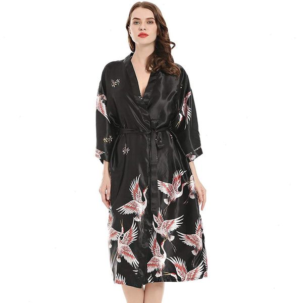 

black summer satin womens sleepwear kimono bathrobe women bride bridesmaid wedding robe dress gown flower long -3xl, Black;red
