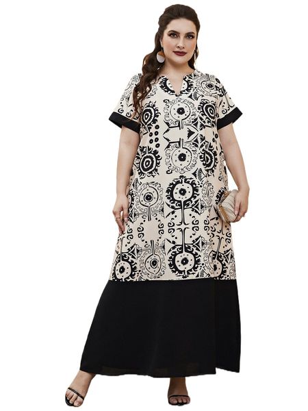 

plus graphic print notched neck tunic dress d7jy#, Black