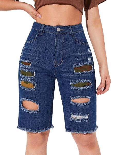 

contrast camo raw hem ripped denim shorts p7oz#, White;black