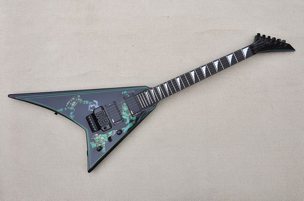 Factory Custom Flying V-förmige schwarze E-Gitarre mit Palisander-Griffbrett, schwarzer Hardware, Double Rock Bridge, kann individuell angepasst werden