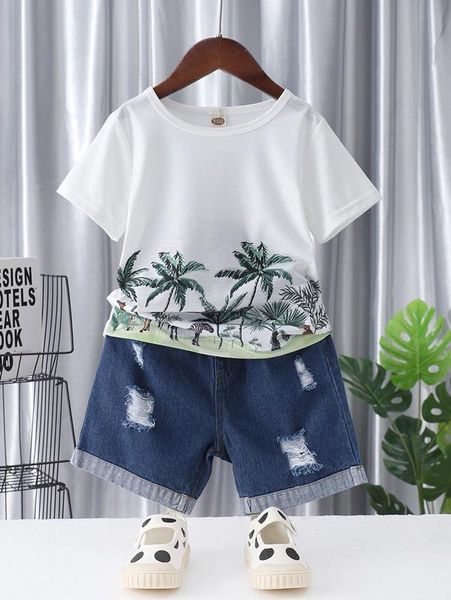 

toddler girls zebra & palm tree print tee & denim shorts she, White