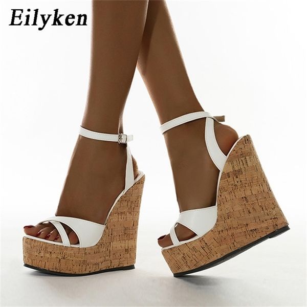 

eilyken summer white women's high heels sandals platform buckle wedges front open toe ladies shoes size 35-42 220406, Black