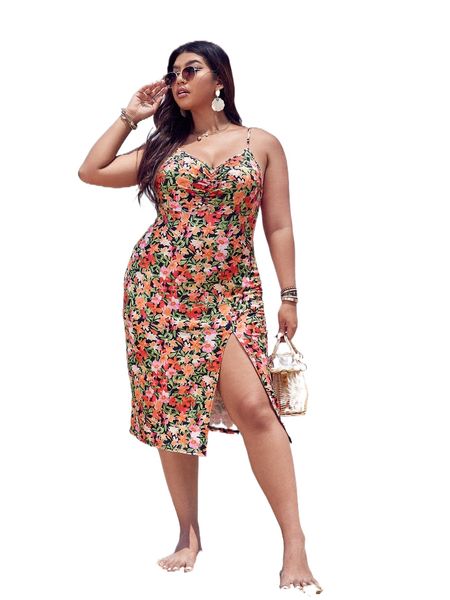 

plus allover floral print ruched slit thigh cami dress b0ee#, Black