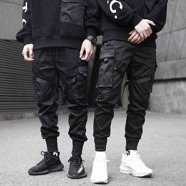 

men cargo pants black ribbons harem joggers casual cotton streetwear hip hop pockets track pants harajuku tide fashion trousers g220507
